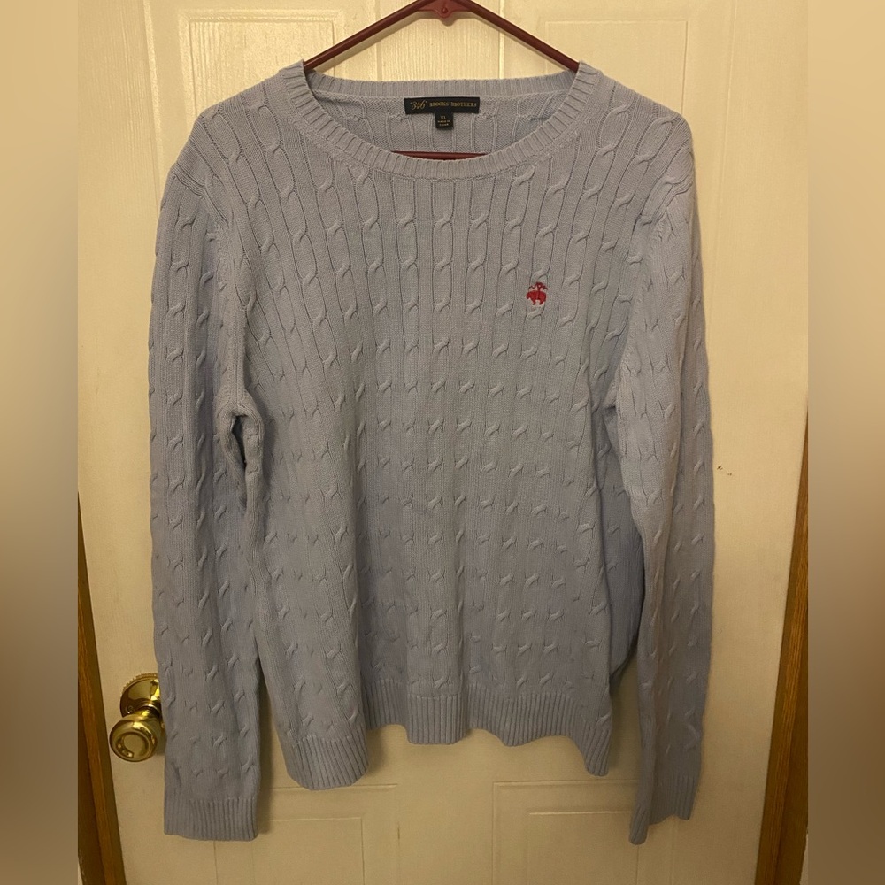 Brooks Brothers Light Blue Cable-Knit Crewneck Sweater with Red Logo